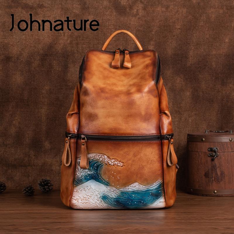 Women Bags Handmade - Johnature Echt leer Damesrugzak Grote capaciteit