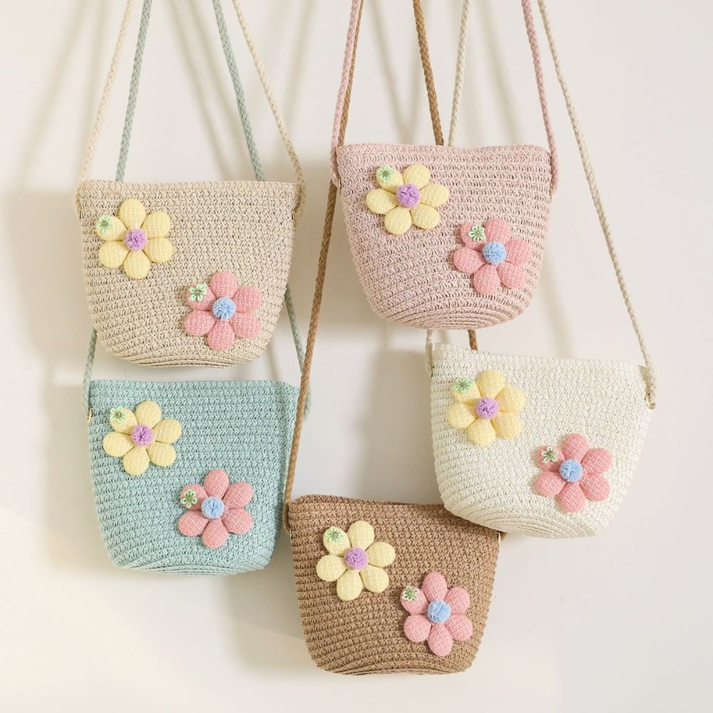 Woven Straw Bag - Handgemaakte geweven rieten tas met bloemenmotief,