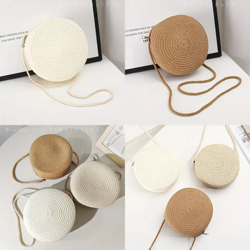 Woven Straw Bag - Ronde geweven rotan crossbodytas voor dames,